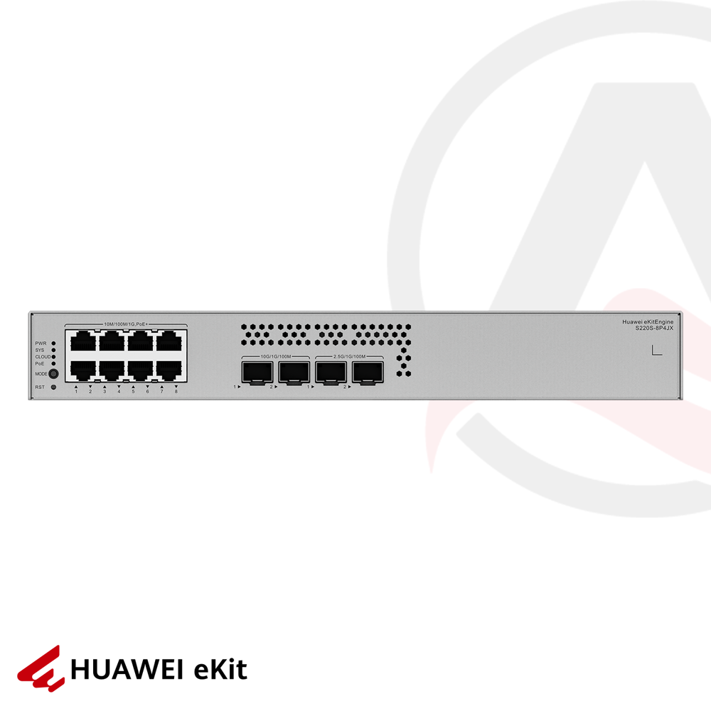 Huawei S220S-8P4JX - 8 Port PoE, 2 Port 2.5G, 2 Port 10G SFP, 10/100/1000 L2 Yönetilebilir Switch, 128W